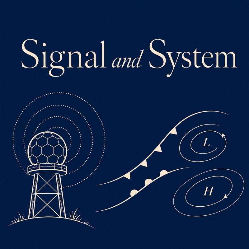Signal and System newsletter square graphic with cream lettering over a deep navy weather-map and constellation design.