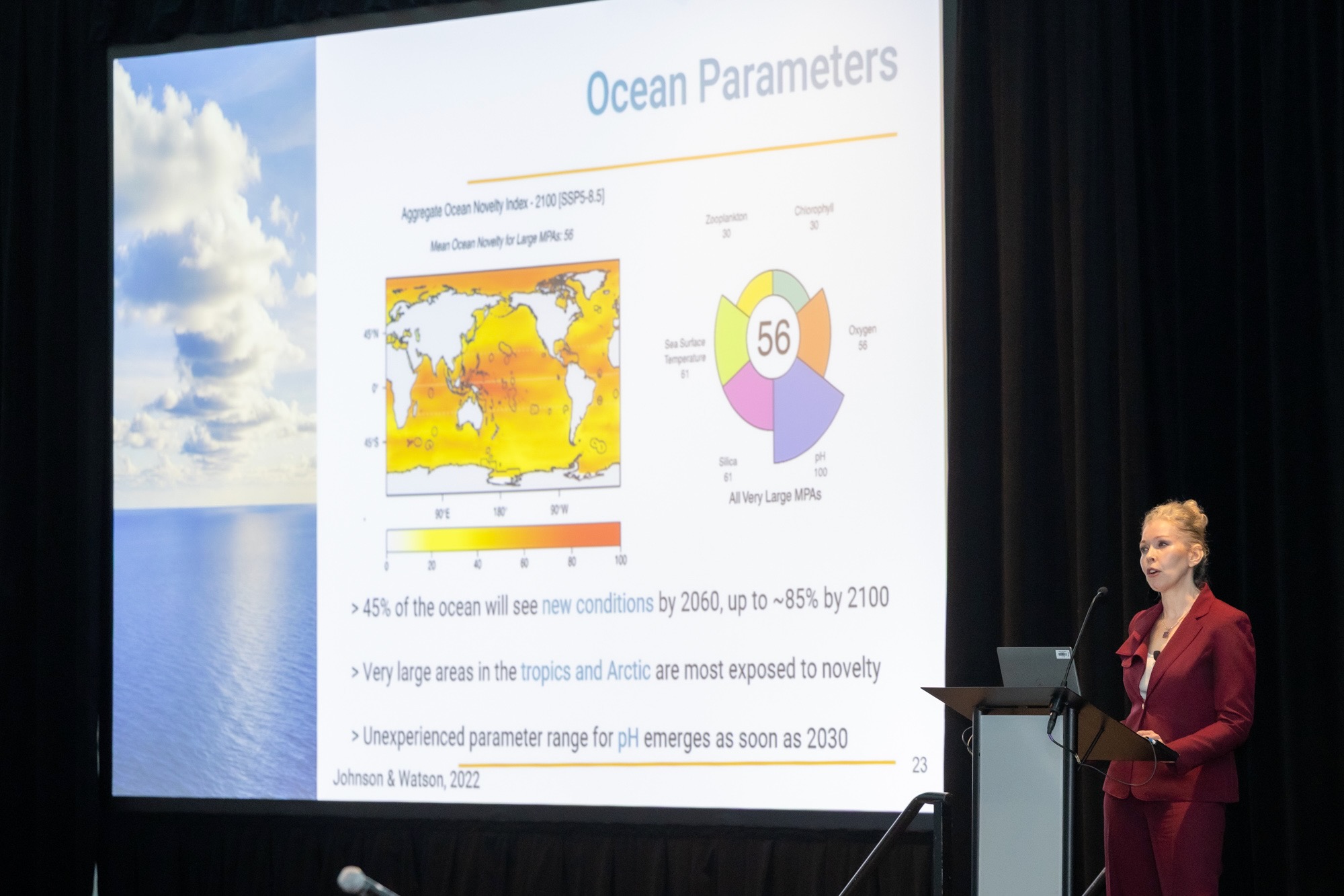 Dr. Julie Pullen speaking at a podium in a red suit in front of an ocean science slide.